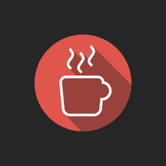 Elegant Universal White Minimalistic Thin Line Coffee Icon with Shadows on Circular Color Button on Black Background 