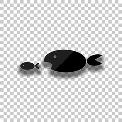 fish eating fist. Black glass icon with soft shadow on transparent background
