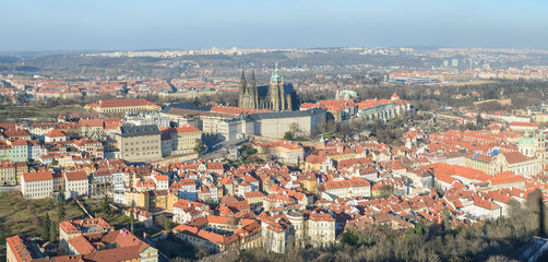 Panorama of Prague in sunlight of winter afternoon, Czech Republic.