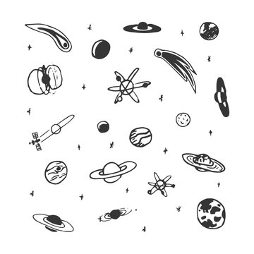Vector set of hand drawn space object - planet, comet, moon, star. Universe sketch