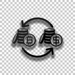 change bitcoin icon. Black glass icon with soft shadow on transparent background