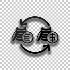 change money icon. Black glass icon with soft shadow on transparent background