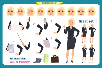 Set of Businesswoman character design with different poses. Illustration isolated vector on white in flat cartoon style. Women in office clothes. Business people.