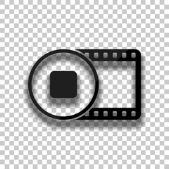 movie strip with stop symbol in circle. simple silhouette. Black glass icon with soft shadow on transparent background