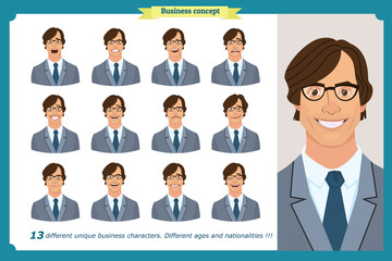 Set of male facial emotions. Young business man character with different expressions.Vector flat illustration in cartoon style.Peoples faces, men, person. Male characters.businessman.