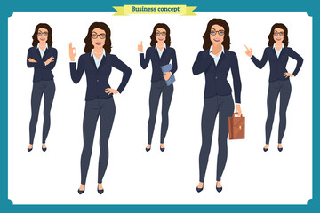 Obraz premium Set of Businesswoman character design with different poses. Illustration isolated vector on white in flat cartoon style. Women in office clothes. Business people.