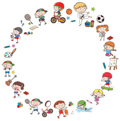 Fototapeta na wymiar Doodle Kids with Activities Template