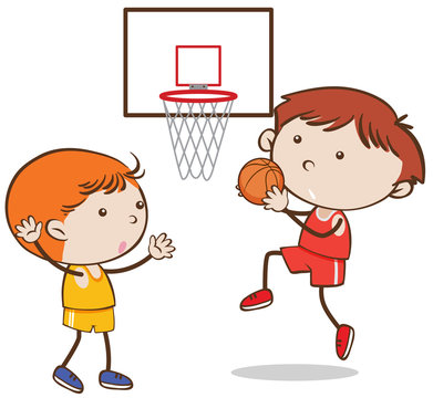 Doodle Kid Playing Basketball on White Background