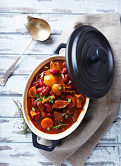 Beef goulash with mushrooms and vegetables