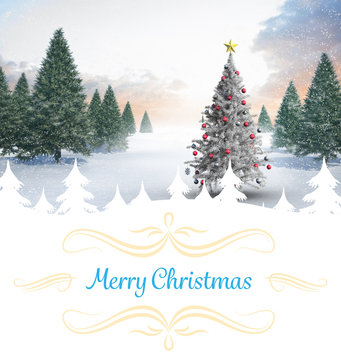 Composite image of christmas card against christmas tree in snowy landscape