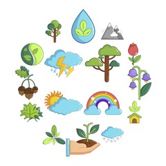 Nature icons set symbols. Cartoon illustration of 16 nature symbols vector icons for web