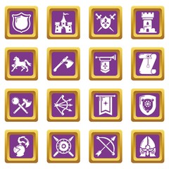 Knight medieval icons set vector purple square isolated on white background 