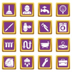 Plumber symbols icons set vector purple square isolated on white background 
