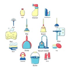 Cleaning tools icons set. Cartoon illustration of 16 cleaning tools vector icons for web