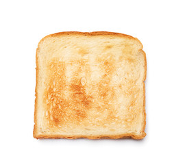Toasted bread on white background, top view