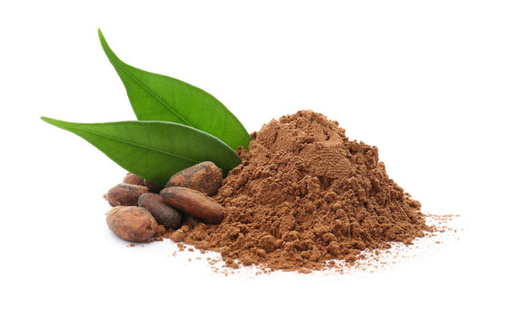 Cocoa powder and beans on white background