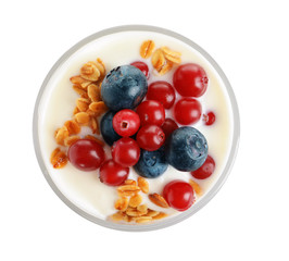 Glass with yogurt, berries and granola on white background, top view