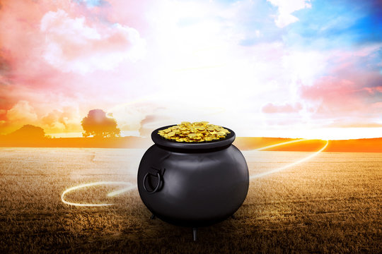 pot of gold against field with light wave