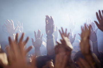 Obraz premium Crowd with arms raised enjoying at nightclub