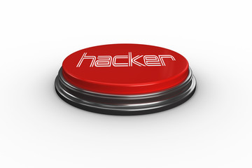The word hacker against digitally generated red push button