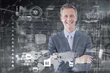 Portrait of smiling businessman standing hands folded against hologram background