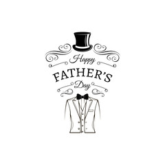 Fathers day card. Top hat, Tuxedo, Bow tie. Dad ggreeting. Elegant suit. Greeting card. Swirls, decorative scroll, filigree frames. Happy Fathers day greeting card. Vector.