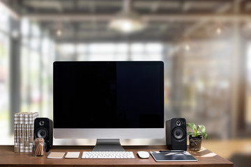 Workspace mockup with desktop computer with black screen - Powered by Adobe