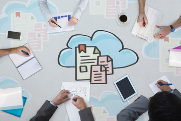 Business meeting against cloud computing