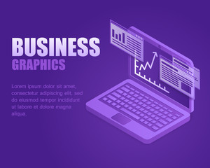 Concept business graphics. Vector illustration isometric infographic rate growth about screen laptop. Landing page business digital info windows 