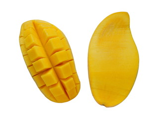 Yellow mango sliced and half isolated on whited background,top view