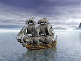 3D rendering the of HMS Victory whit british flags on calm water