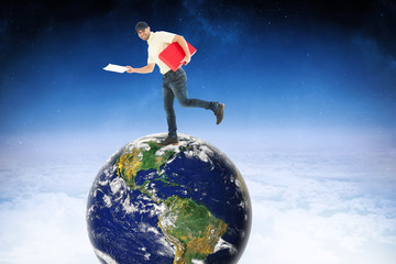 Delivery man with red box running on white background against white clouds under blue sky