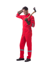 Contractor employee with axe on white background