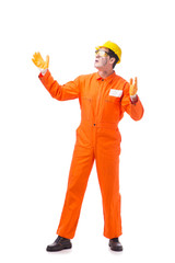 Contractor employee wearing coveralls isolated on white