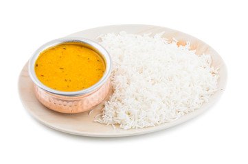 Indian Traditional Cuisine Dal Fry or Rice Also Know as Dal Chawal, Daal Chawal, Dal Rice, Whole Yellow Lentil with Rice or Dal Tadka, Daal Fry Served with Rice isolated on White Background