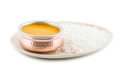 Indian Traditional Cuisine Dal Fry or Rice Also Know as Dal Chawal, Daal Chawal, Dal Rice, Whole Yellow Lentil with Rice or Dal Tadka, Daal Fry Served with Rice isolated on White Background