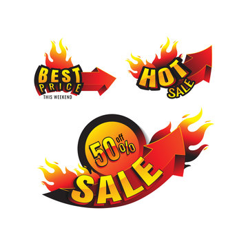 The set of burning labels discount 50% and tags for hot sale. banner. marketing. Business. on white background. vector