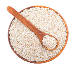 Urad Dal or Black Gram Split Pulse Unpolished Without Cover Also Know as Vigna Mungo, Black Gram, Urad Bean, Mungo Bean, Black Matpe Bean or Split Black Gram isolated on White Background