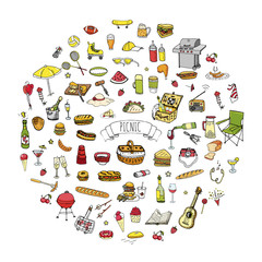 Hand drawn doodle Picnic icons set Vector illustration barbecue sketchy symbols collection Cartoon bbq concept elements Summer picnic Umbrella Guitar Food basket Drinks Wine Sandwich Sport activities