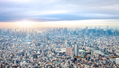 High angle view of Tokyo cityscape under moody sky