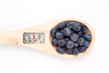 weighing scales against wooden spoon with blueberrry