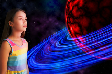 Science fiction illustration:  alien planet in a deep space with the little girl blended in a...