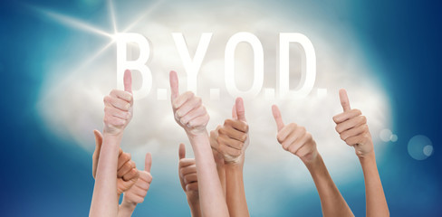 Thumbs raised and hands up  against byod on a floating cloud