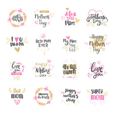 Happy Mothers Day Set Of Logo Isolated For Holiday Greeting Card Design Vector Illustration