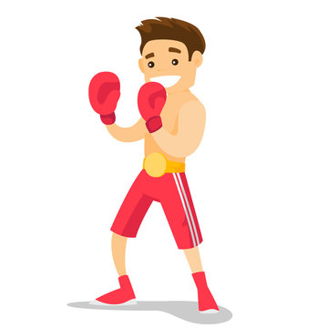 Smiling caucasian white boxer in red boxing gloves training during fitness workout. Male boxer exercising in boxing gloves. Vector cartoon illustration isolated on white background. Square layout.