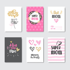 Mothers Day Cute Greeting Cards Collection With Hand Drawn Lettering Calligraphy Vector Illustration