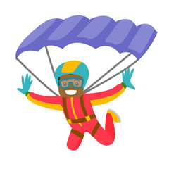 Black man flying with a parachute. Young happy man paragliding on a parachute. Professional parachutist performing sky dive jump. Vector cartoon illustration isolated on white background.