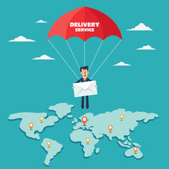 Smiling business man with parachute over world map. Post letter, delivery service or e-mail vector concept