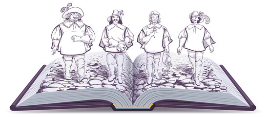 Open book historical novel illustration about three musketeers
