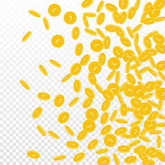 British pound coins falling. Scattered small GBP coins on transparent background. Eminent right gradient vector illustration. Jackpot or success concept.